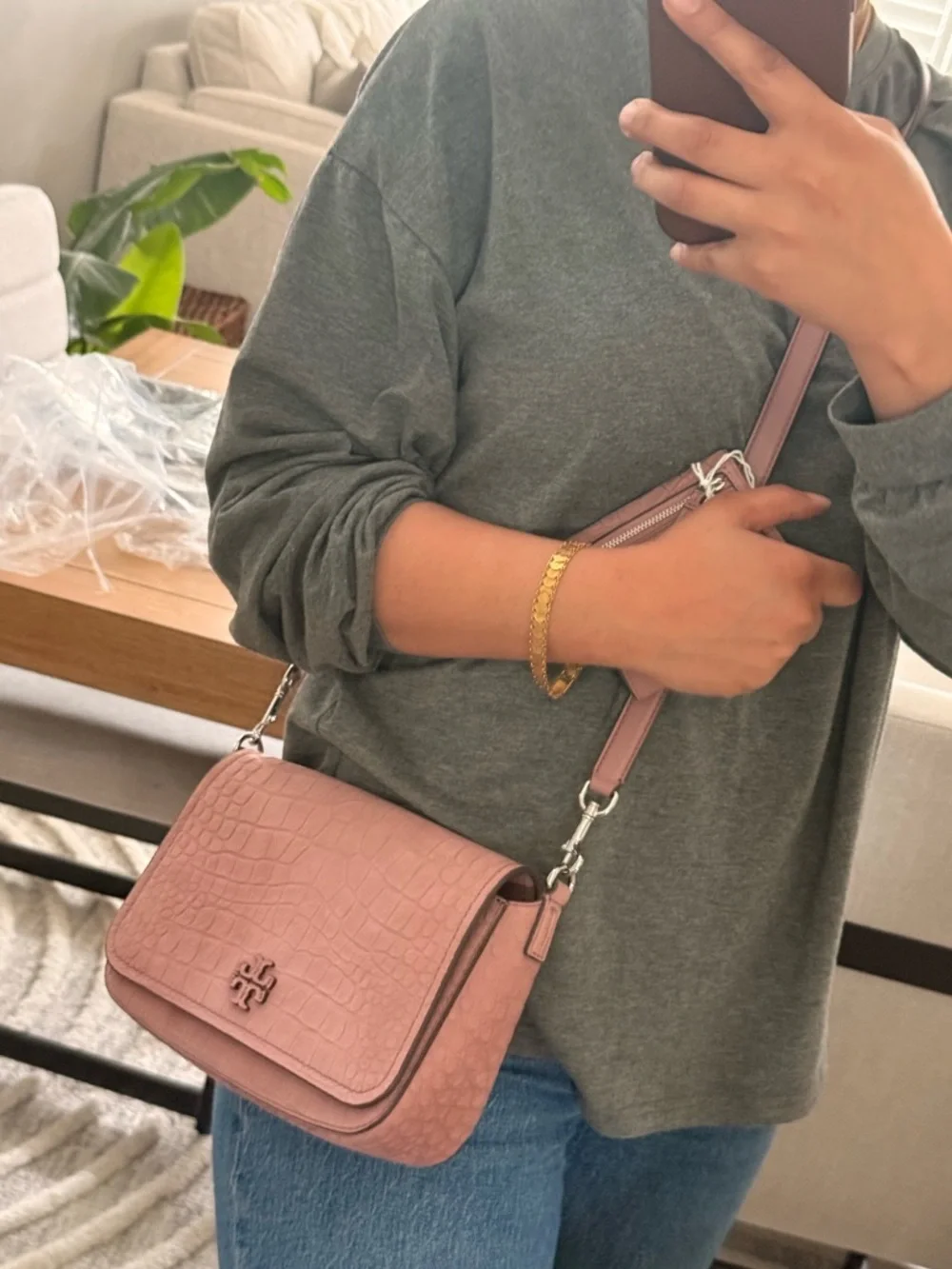 845!+ New Tory Burch THEA EMBOSSED SUEDE FLAP CROSSBODY & Matching Wallet